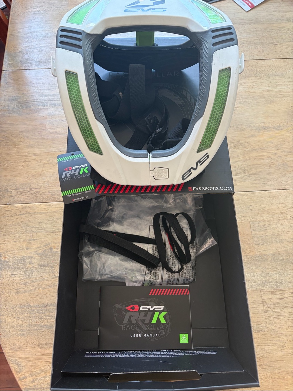 EVS R4K Race Collar, Adult over 5’3” in White with Green Accents